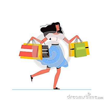 Young shopping woman holds packages from the store in her hands and jumps happily. The concept of a successful purchase Vector Illustration