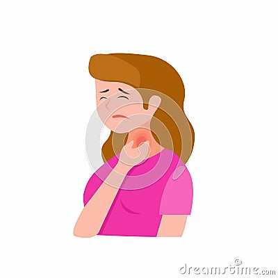 Young sick girl suffering from sore throat, holding on her neck. Cartoon flat isolated illustration on a white background. Vector Illustration