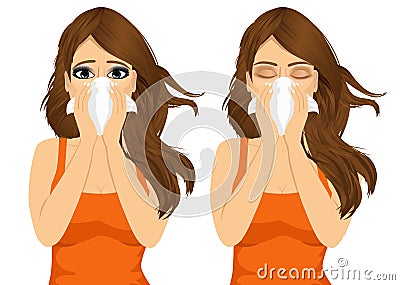 Young sick woman ill suffering allergy Vector Illustration