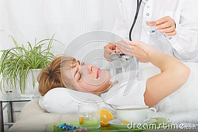 Young sick woman refusing to take pills from medical doctor Stock Photo