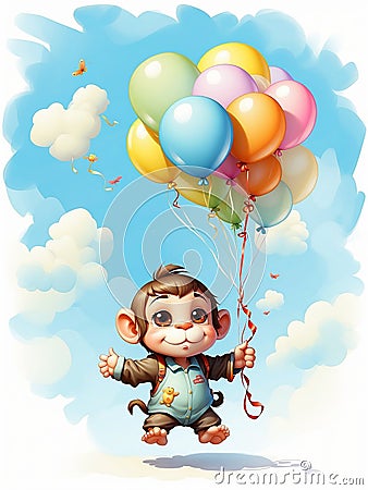 A small monkey holding onto a balloon is soaring through the clear blue sky. Stock Photo