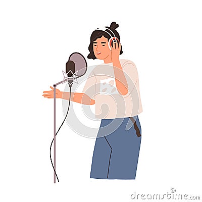 Young singer singing and recording song with professional studio mic and headset. Voice record of modern vocalist Vector Illustration