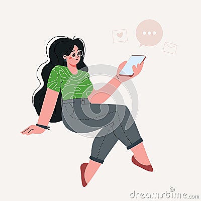 Young sitting,using smartphone for browsing internet, chatting,looking videos, checking social media. Vector Illustration