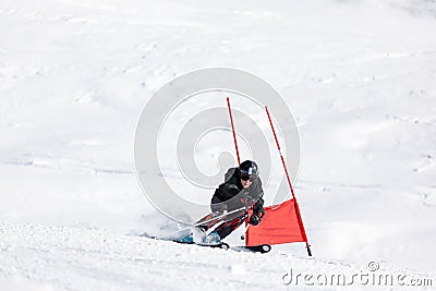 Young ski racer during a slalom competition. Stock Photo