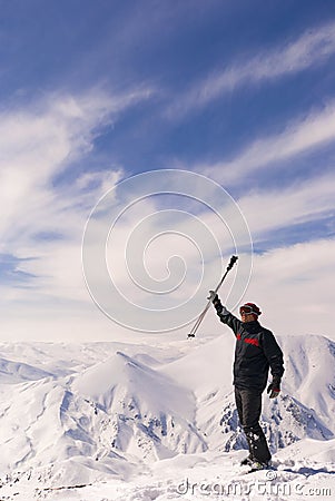 Young skier on the top of mountain Ejder. Stock Photo