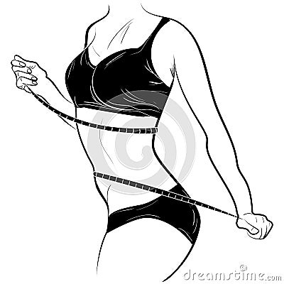 Young slender female measures the waist by tape Vector Illustration