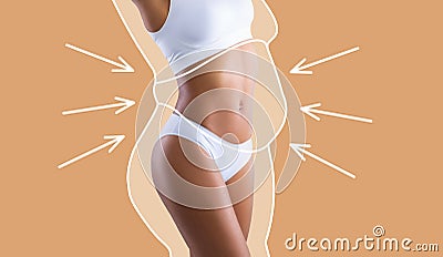 Young slim african american lady in white lingerie enjoys weight loss result with fat abstract body around Stock Photo