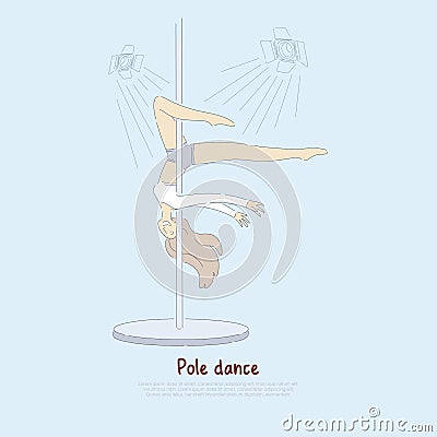 Young slim girl, professional female performer in sportswear, sexy dancer performing pole dance, fitness banner Vector Illustration