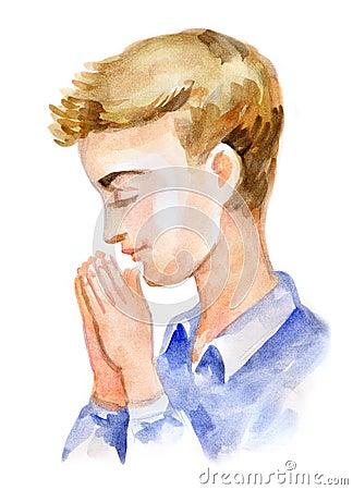 Watercolor illustration. Boy prays on a white background Stock Photo