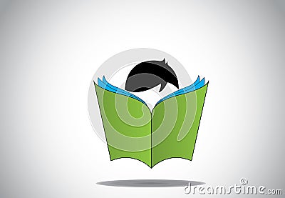 Young smart boy kid reading 3d green open book edu Vector Illustration