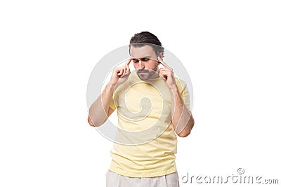 young smart european guy with stubble and mustache is brainstorming Stock Photo