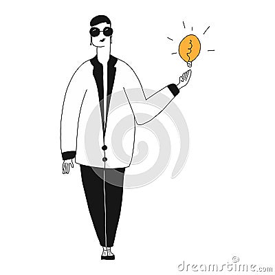 Young smart female holding bright light bulb. Concept of creative idea, smart worker, education, advertisement, figure Vector Illustration