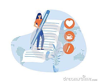 young smart woman freelance holding big pencil thinking and writing content on notepad paper with cup of coffee. Vector Illustration