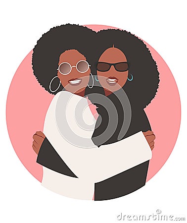 Young smiling Afro American women hugging happily, wearing trendy glasses and 70s hair style Vector Illustration