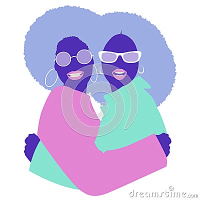 Young smiling Afro American women hugging happily, wearing trendy glasses and 70s hair style, isolated on white background Vector Illustration