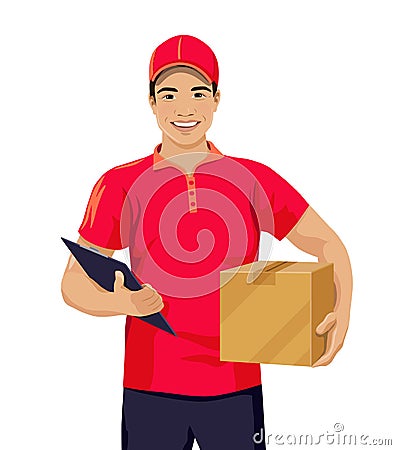 Young smiling Asian Courier Vector Illustration