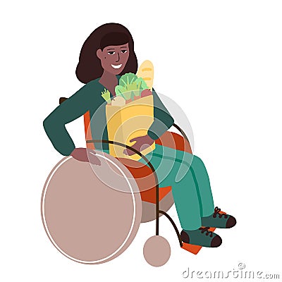 Young smiling black disabled woman holding paper bag with natural daily products. Cartoon flat style handicapped african Vector Illustration