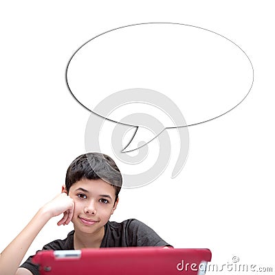 Young smiling boy with one hand resting on cheek with speech bubble against blue background Stock Photo