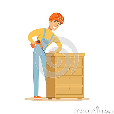 Young smiling carpenter man building chest of drawers, woodworker character vector Illustration Vector Illustration