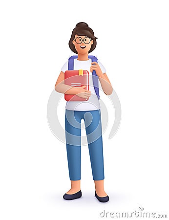 Young smiling college or university student with backpack holding book. Study, education, back to school, Vector Illustration