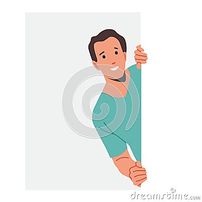 Young Smiling Curious Male Character Peeking From Behind Wall with Rectangular Shape and Looking Outside Vector Illustration