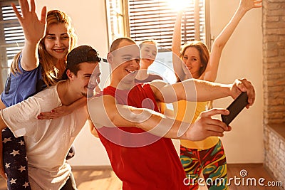 Dancers group taking selfie in dancing studio Stock Photo