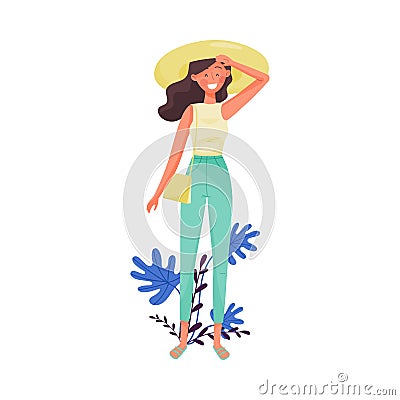 Young Smiling Dark-haired Girl Wearing Casual Jeans and Broad-brimmed Hat Enjoying Hot Summer Day Vector Illustration Vector Illustration