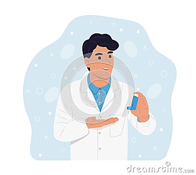 A young smiling doctor man holds an inhaler for inhalation in his hands. Childrens doctor. World Asthma Day.Bronchial Vector Illustration