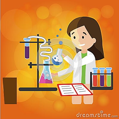 Young Smiling Girl Chemist does Research in Lab. Vector Illustration