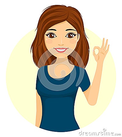 Young smiling girl shows OK gesture. Character Stock Photo