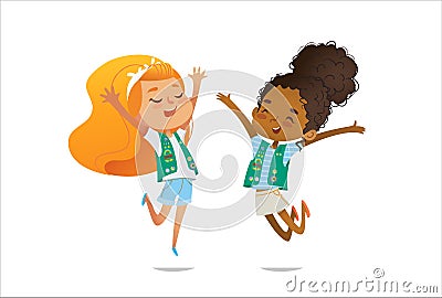 Young smiling girls scout dressed in uniform with badges and patches happily jump isolated on white background. Female Vector Illustration