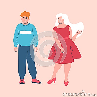 Young smiling male and female characters wearing baggy clothes to hide their fat on pink background Vector Illustration