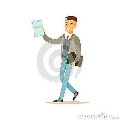 Young smiling male student in a gray jacket walking with black folder vector Illustration Vector Illustration