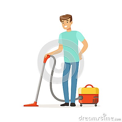 Young smiling man cleaning the floor with vacuum cleaner, house husband working at home vector Illustration Vector Illustration
