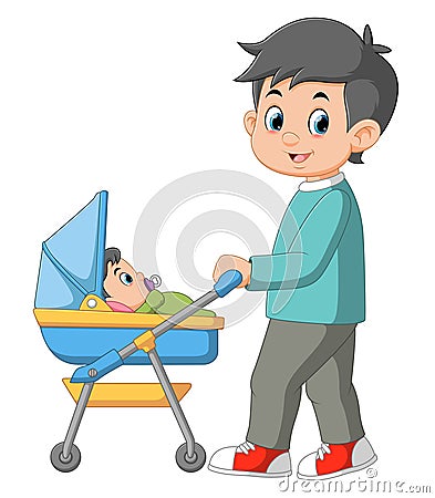 Young smiling man father walking with his baby in stroller Vector Illustration