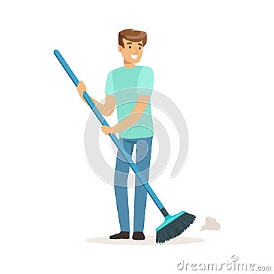 Young smiling man sweeping the floor, house husband working at home vector Illustration Vector Illustration