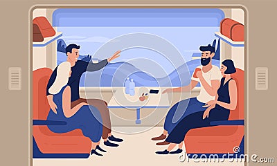 Young smiling men and women travelling by train. Cheerful people sitting in passenger car and talking to each other Vector Illustration