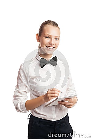 Young smiling waitress taking order with notebook and pencil Stock Photo