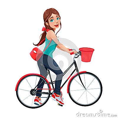 Young smiling woman on a bicycle Vector Illustration