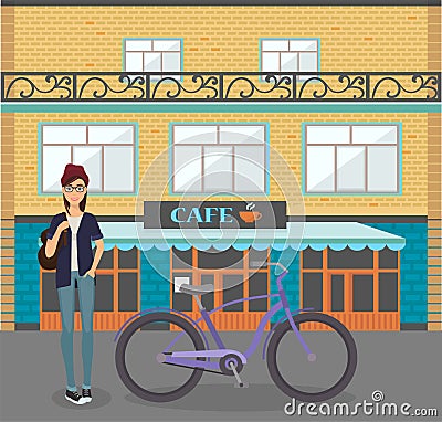 Young smiling woman with bicycle vector illustration. Happy pretty girl standing near bicycle in front of city cafe Vector Illustration