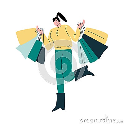 Young smiling woman carrying bags with purchases after shopping Vector Illustration