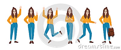 Young smiling woman dressed in blue jeans and yellow jumper in various postures. Hipster girl in different poses. Female Vector Illustration