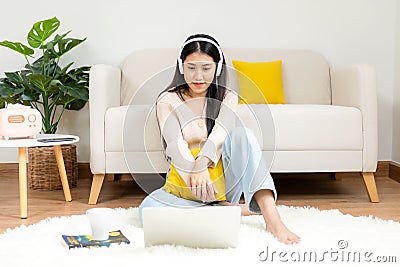 Young smiling woman happy watching movies and chill relax in summer holiday. Stock Photo
