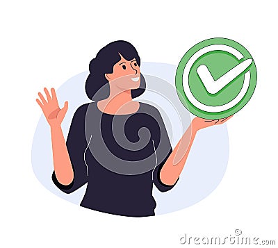 Young smiling woman hold successful check mark close up button. Task completion, complete business assignments, time Vector Illustration