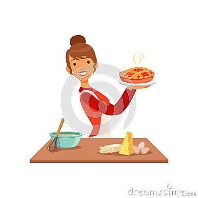 Young smiling woman holding freshly baked pie, housewife girl cooking food in the kitchen flat vector Illustration Vector Illustration