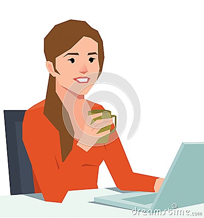 Young smiling woman with a laptop at a desk holding a coffee cup Vector Illustration