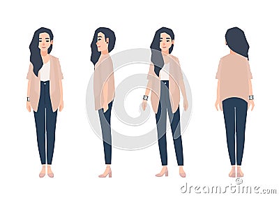 Young smiling woman with loose long brunette hair dressed in casual clothing isolated on white background. Cute girl Vector Illustration