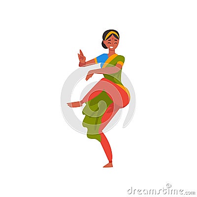 Young Smiling Woman Performing Folk Dance, Female Indian Dancer Character in Traditional Clothes Vector Illustration Vector Illustration