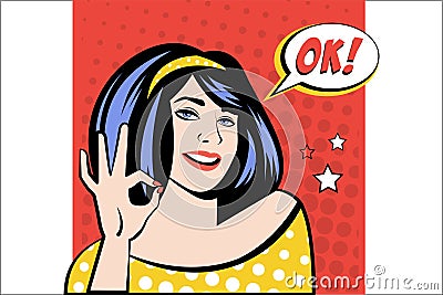 Young smiling woman showing OK gesture, white speech bubble with message. Agreement sign. Beautiful girl against red Vector Illustration