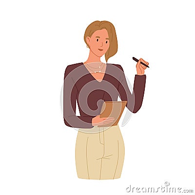 Young smiling woman taking notes. Secretary writing down tasks in notepad. Colored flat vector illustration of Vector Illustration